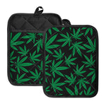 Green And Black Cannabis Leaf Print Pot Holders With Pocket