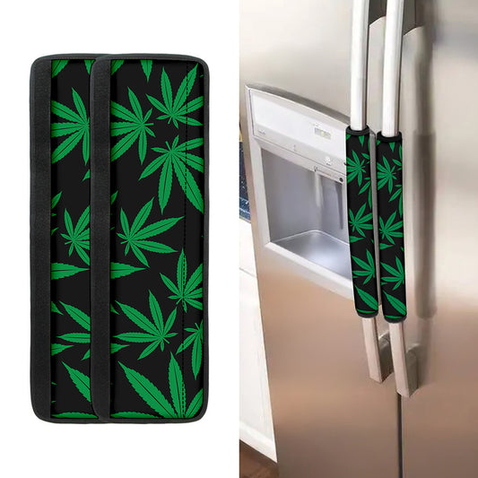 Green And Black Cannabis Leaf Print Refrigerator Handle Covers