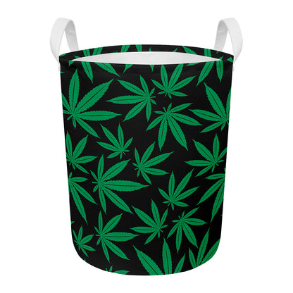 Green And Black Cannabis Leaf Print Round Laundry Basket