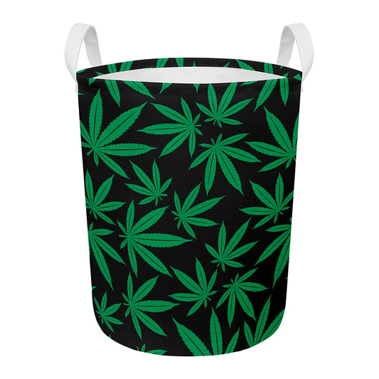 Green And Black Cannabis Leaf Print Round Laundry Basket