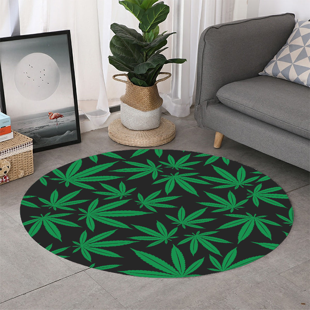 Green And Black Cannabis Leaf Print Round Rug