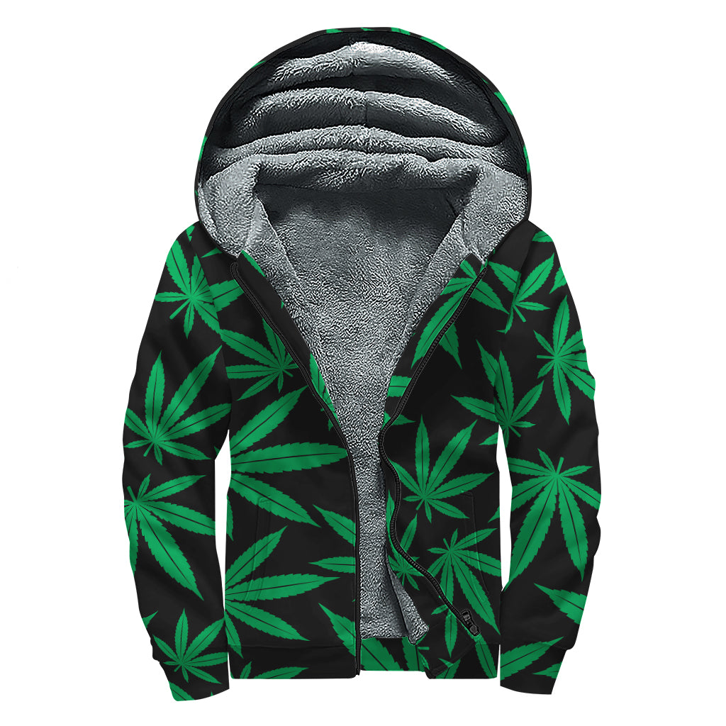 Green And Black Cannabis Leaf Print Sherpa Lined Zip Up Hoodie