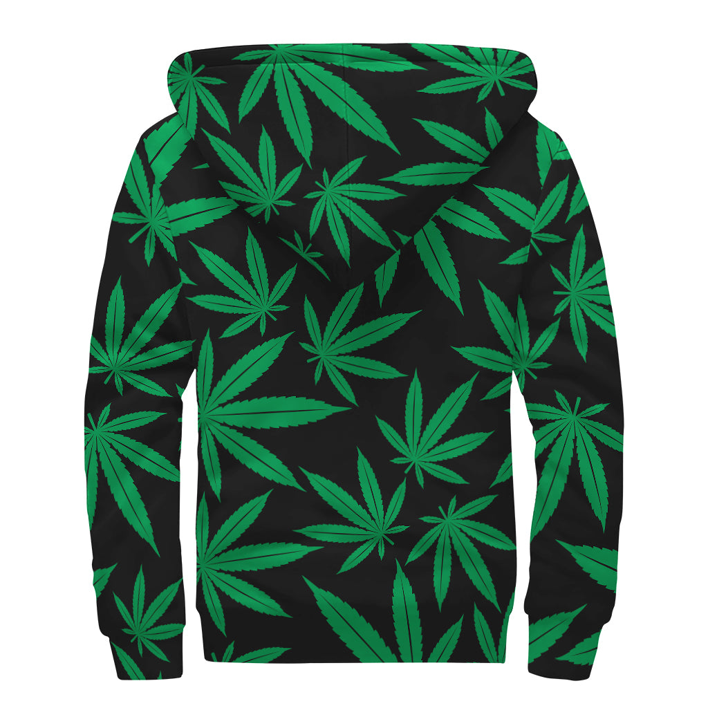 Green And Black Cannabis Leaf Print Sherpa Lined Zip Up Hoodie