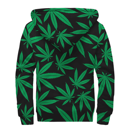 Green And Black Cannabis Leaf Print Sherpa Lined Zip Up Hoodie