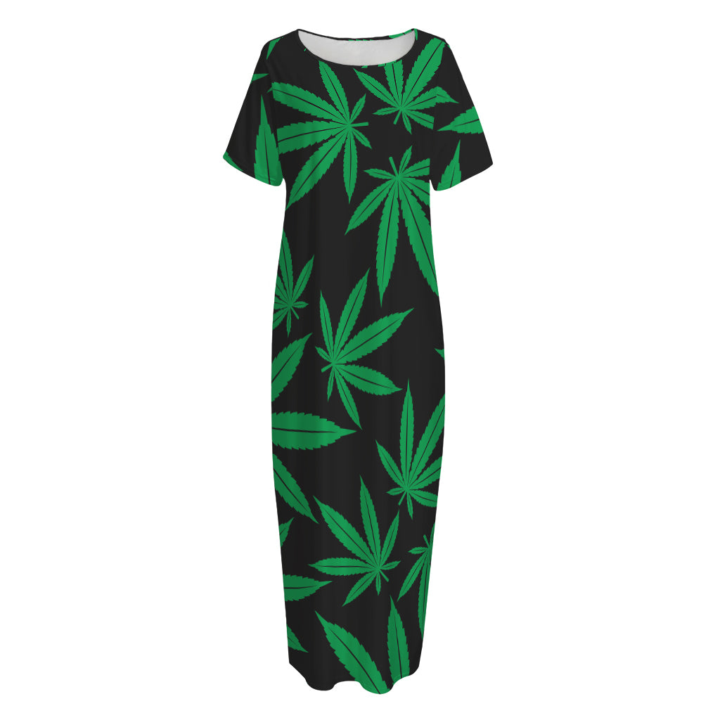 Green And Black Cannabis Leaf Print Short Sleeve Long Nightdress