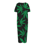 Green And Black Cannabis Leaf Print Short Sleeve Long Nightdress