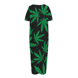 Green And Black Cannabis Leaf Print Short Sleeve Long Nightdress