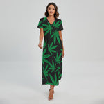 Green And Black Cannabis Leaf Print Short Sleeve Maxi Dress