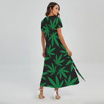 Green And Black Cannabis Leaf Print Short Sleeve Maxi Dress