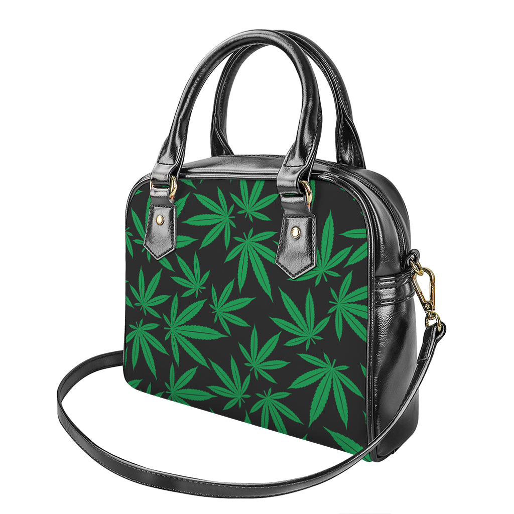 Green And Black Cannabis Leaf Print Shoulder Handbag