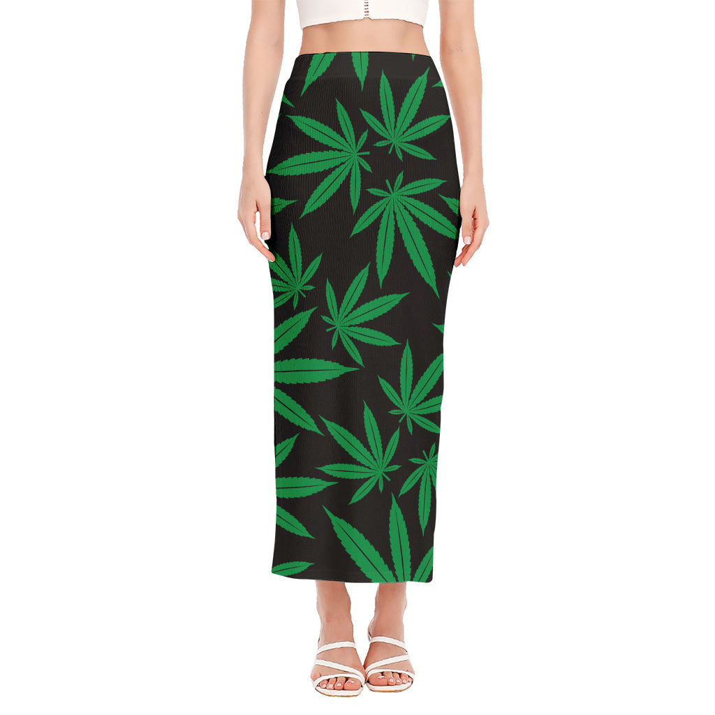 Green And Black Cannabis Leaf Print Side Slit Maxi Skirt