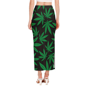 Green And Black Cannabis Leaf Print Side Slit Maxi Skirt