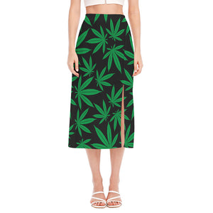 Green And Black Cannabis Leaf Print Side Slit Midi Skirt