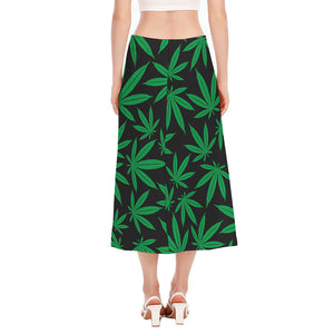 Green And Black Cannabis Leaf Print Side Slit Midi Skirt