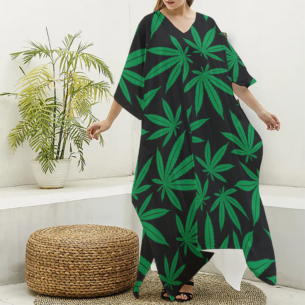 Green And Black Cannabis Leaf Print Silk V-Neck Kaftan Dress