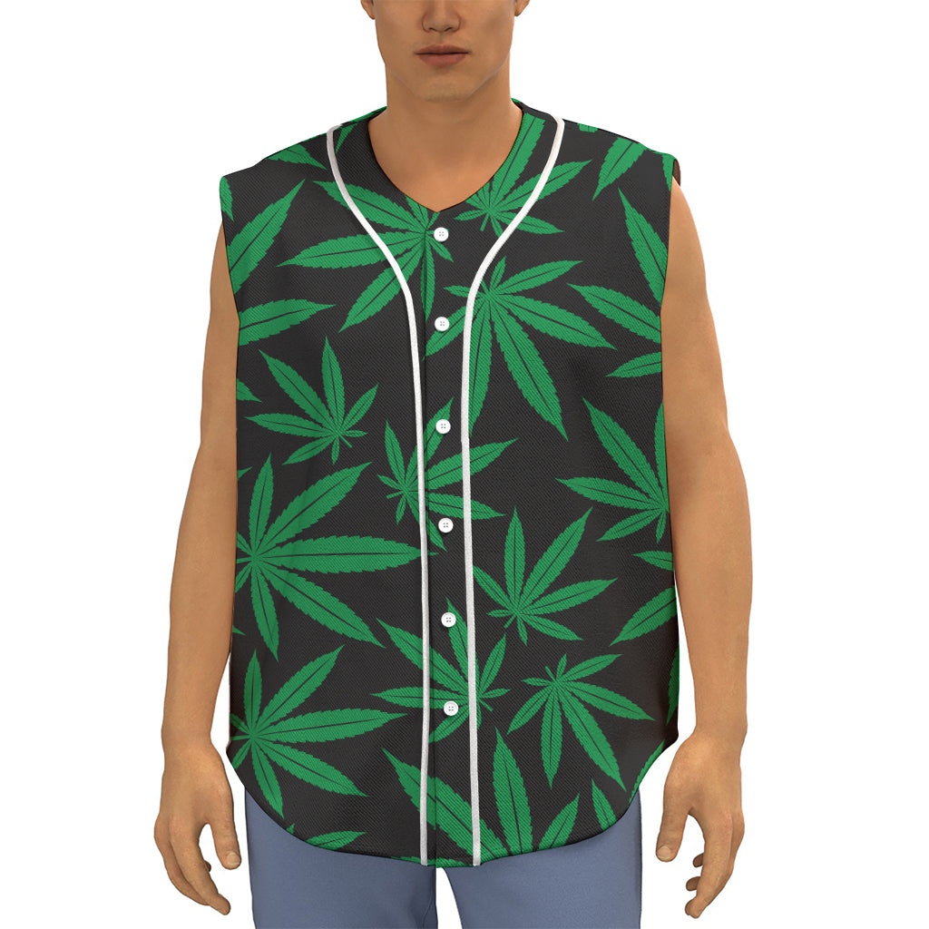 Green And Black Cannabis Leaf Print Sleeveless Baseball Jersey