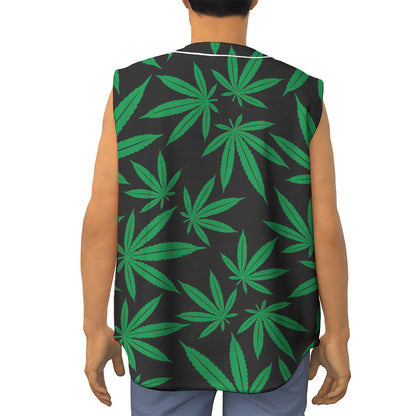 Green And Black Cannabis Leaf Print Sleeveless Baseball Jersey