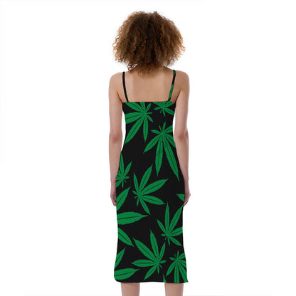 Green And Black Cannabis Leaf Print Slim Fit Midi Cami Dress