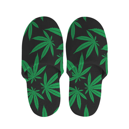 Green And Black Cannabis Leaf Print Slippers