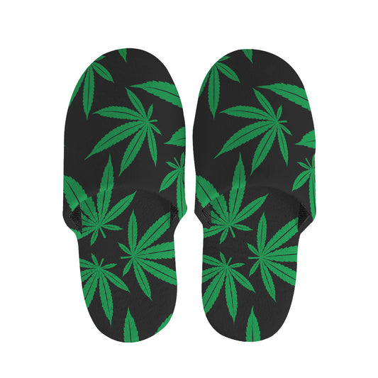 Green And Black Cannabis Leaf Print Slippers