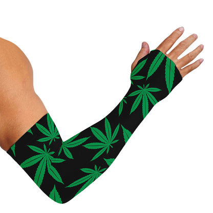 Green And Black Cannabis Leaf Print Sun Protection Arm Sleeves