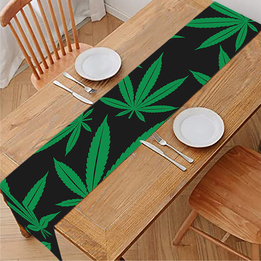 Green And Black Cannabis Leaf Print Table Runner
