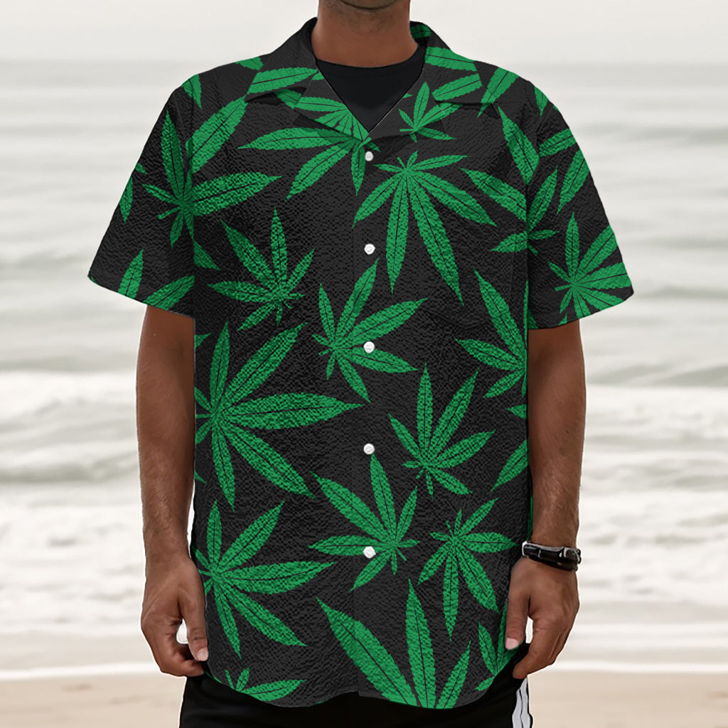 Green And Black Cannabis Leaf Print Textured Short Sleeve Shirt