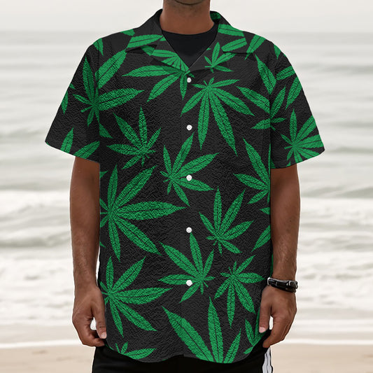 Green And Black Cannabis Leaf Print Textured Short Sleeve Shirt