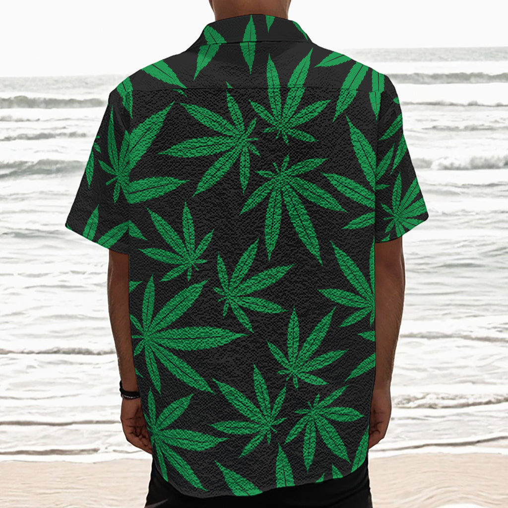 Green And Black Cannabis Leaf Print Textured Short Sleeve Shirt