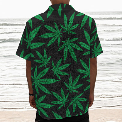 Green And Black Cannabis Leaf Print Textured Short Sleeve Shirt