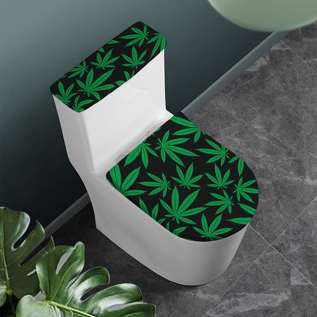 Green And Black Cannabis Leaf Print Toilet Lid And Tank Cover Set