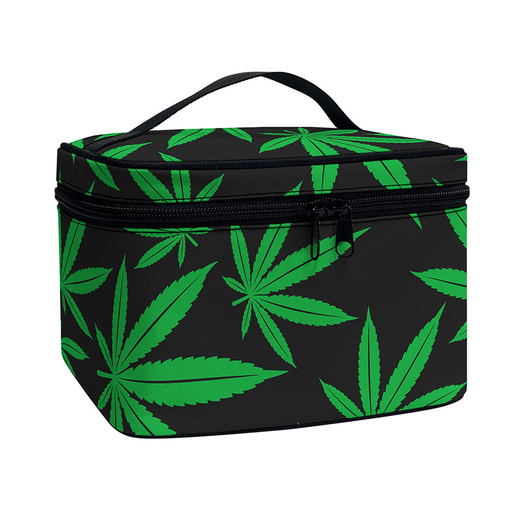 Green And Black Cannabis Leaf Print Travel Makeup Bag