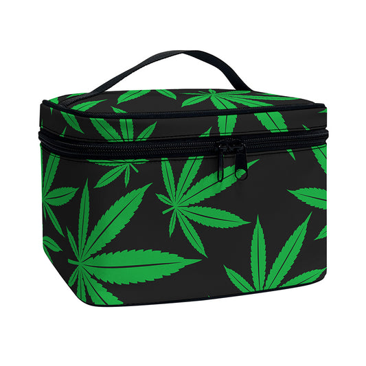 Green And Black Cannabis Leaf Print Travel Makeup Bag
