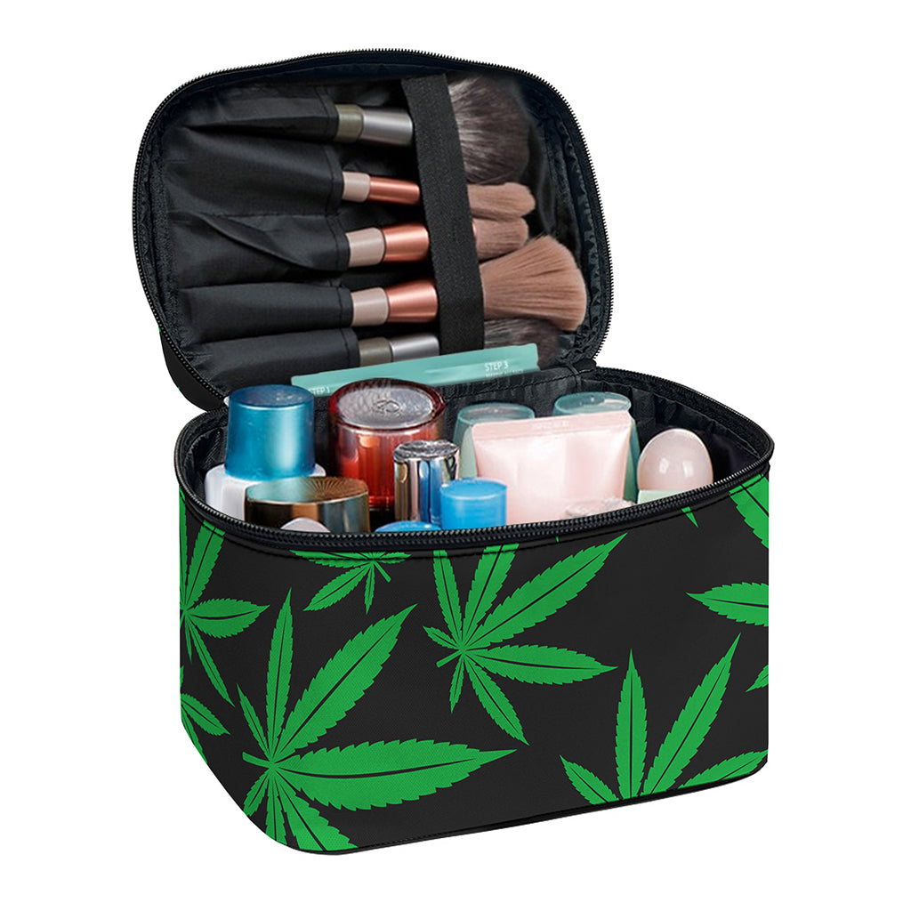 Green And Black Cannabis Leaf Print Travel Makeup Bag