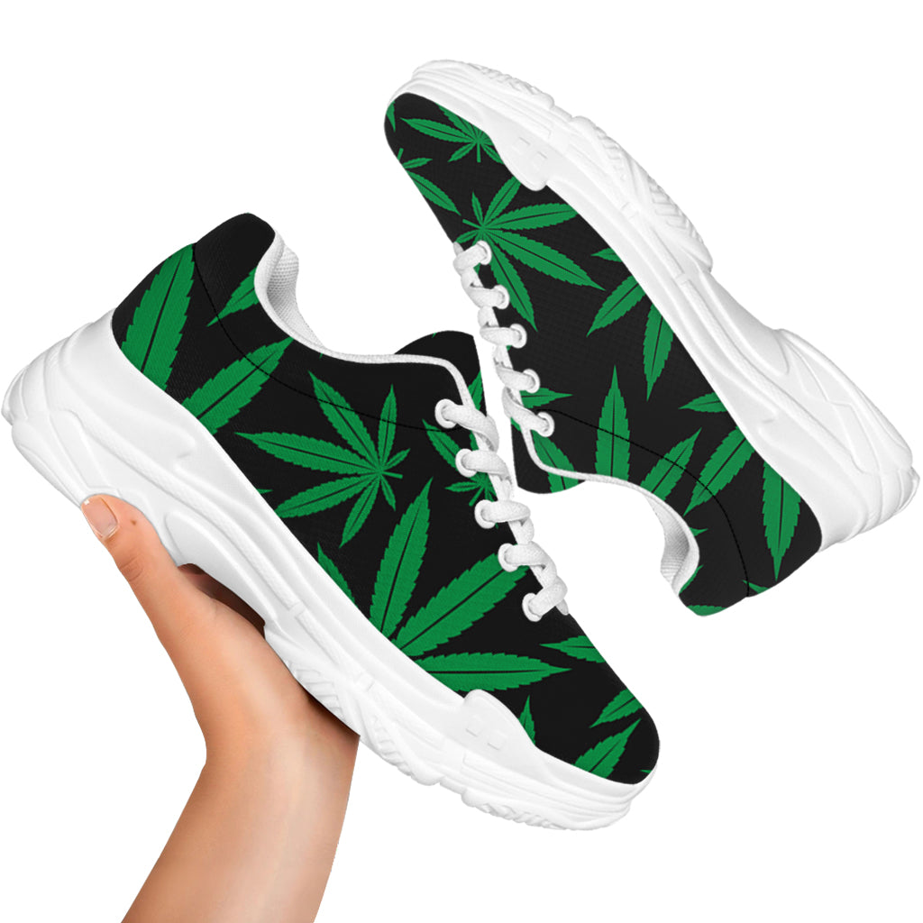 Green And Black Cannabis Leaf Print White Chunky Shoes