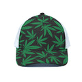 Green And Black Cannabis Leaf Print White Mesh Trucker Hat
