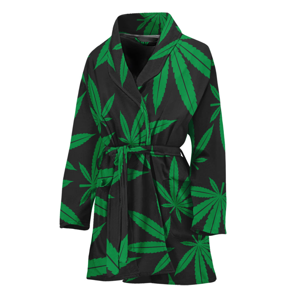 Green And Black Cannabis Leaf Print Women's Bathrobe