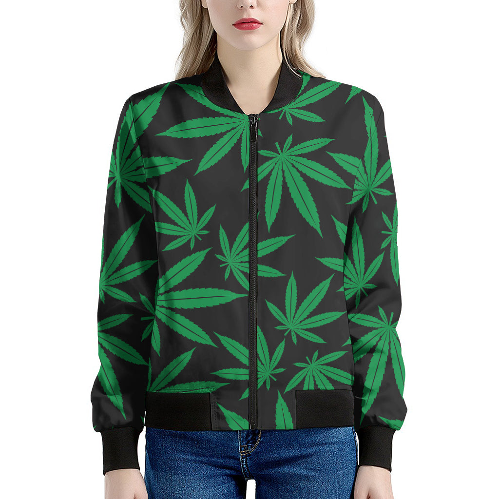 Green And Black Cannabis Leaf Print Women's Bomber Jacket