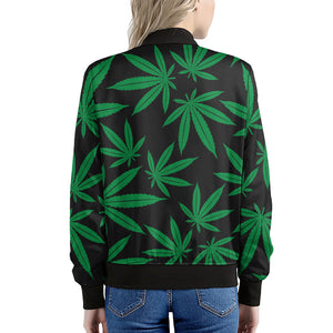 Green And Black Cannabis Leaf Print Women's Bomber Jacket