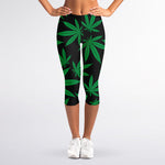 Green And Black Cannabis Leaf Print Women's Capri Leggings