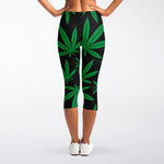 Green And Black Cannabis Leaf Print Women's Capri Leggings