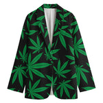 Green And Black Cannabis Leaf Print Women's Cotton Blazer