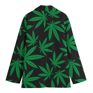 Green And Black Cannabis Leaf Print Women's Cotton Blazer