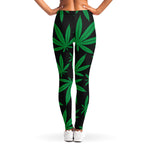 Green And Black Cannabis Leaf Print Women's Leggings