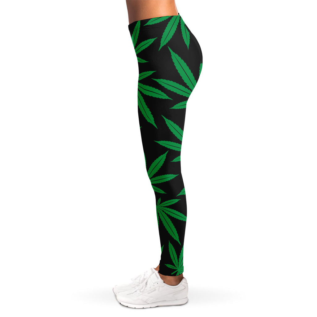 Green And Black Cannabis Leaf Print Women's Leggings