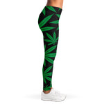 Green And Black Cannabis Leaf Print Women's Leggings