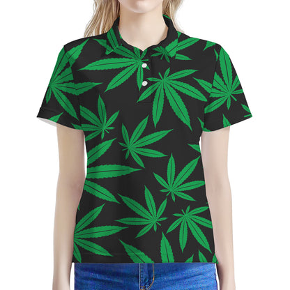 Green And Black Cannabis Leaf Print Women's Polo Shirt