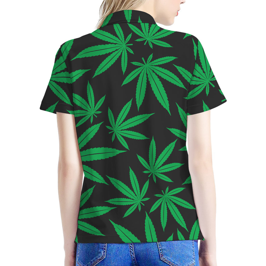 Green And Black Cannabis Leaf Print Women's Polo Shirt