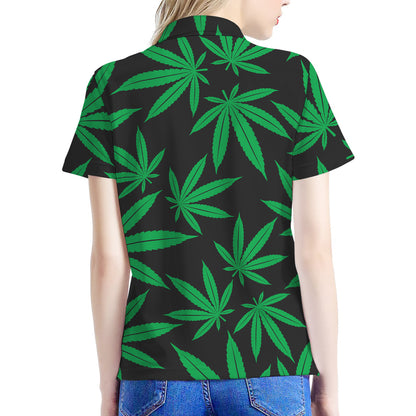 Green And Black Cannabis Leaf Print Women's Polo Shirt