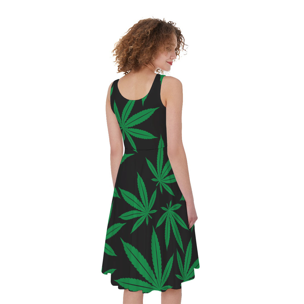 Green And Black Cannabis Leaf Print Women's Sleeveless Dress